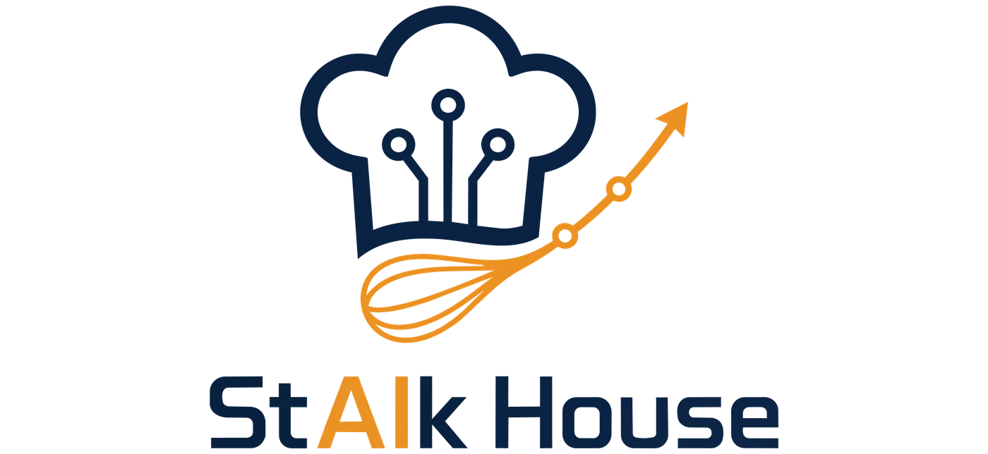 Logo StAIk House — topi chef dengan node sirkuit dan whisk yang menjadi grafik naik